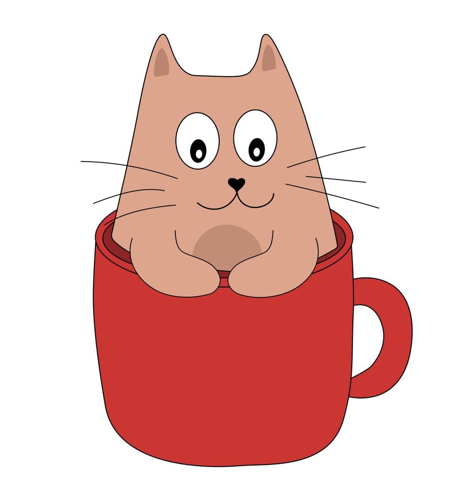 söt katt i röd kopp. brun pott i mugg. djur- vektor illustration för hälsning kort eller affisch.