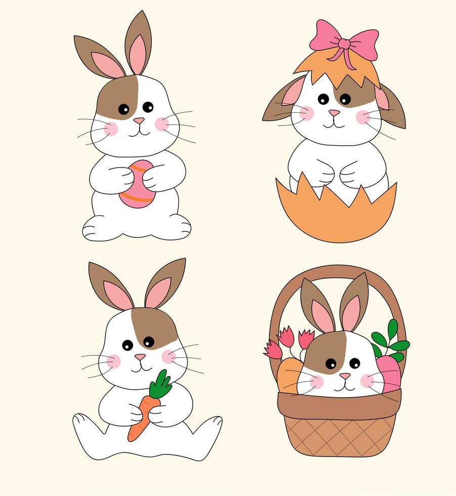 Ostern Hasen Satz. Hase Tier Vektor Illustration. glücklich Ostern. ein Hase im ein Korb, mit ein Ostern Ei, mit ein Karotte, sitzt im ein Schale mit ein Bogen.