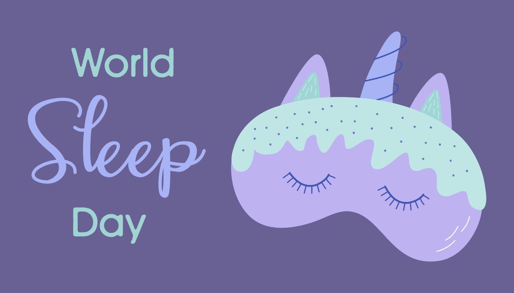 Welt Schlaf Tag drucken. Vektor Illustration von ein süß Schlafen Maske mit Text. Hand gezeichnet Karte oder Banner.