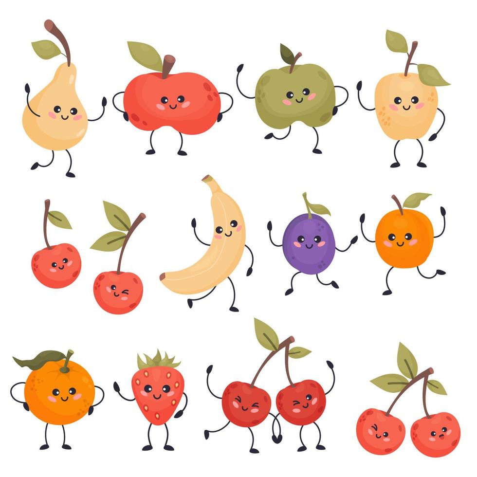 süß Karikatur Zeichen Früchte. Äpfel, Birne, Erdbeere, Banane, Pflaume, Aprikose, Kirsche und Mandarine. Vektor Illustration. Sammlung komisch Essen Emoji im eben Stil.