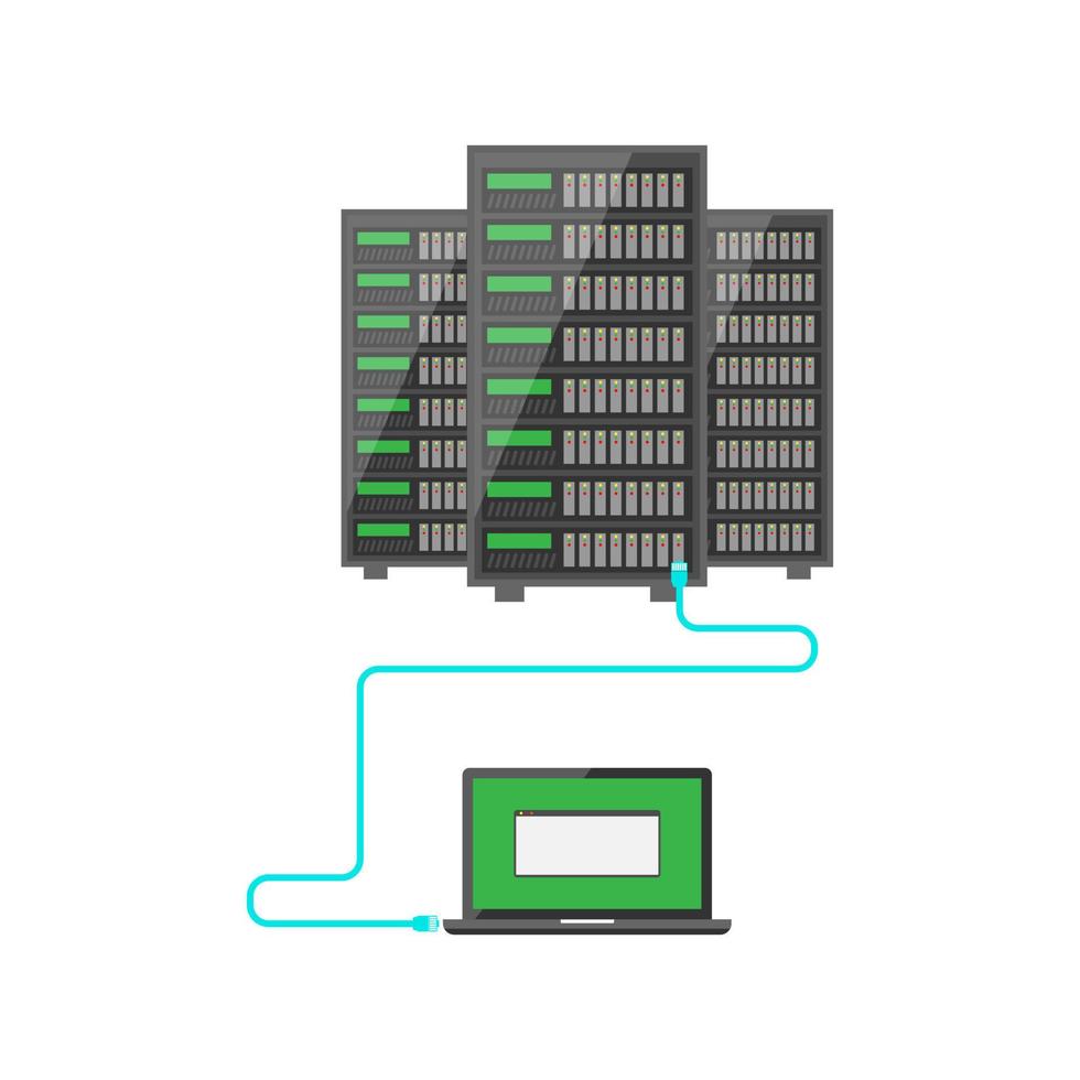 vektor enkel platt design av bärbar dator dator ansluta förbi trösta kabel- till de server kuggstång, nätverk konfiguration och datacenter miljö, nätverkande och information teknologi begrepp vit bakgrund