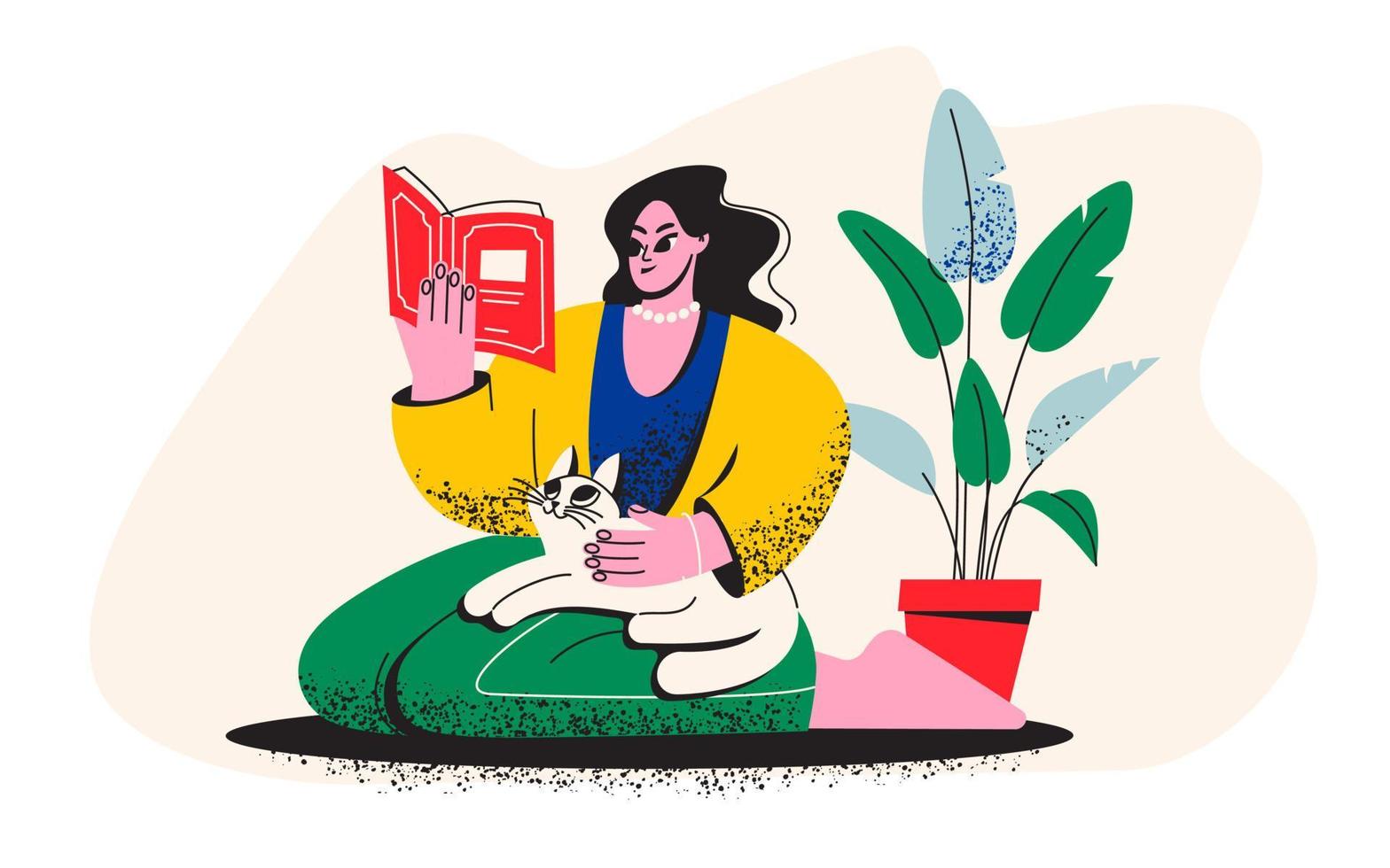 en flicka är läsning en bok. en kvinna med en katt är Sammanträde på de golv med en bok. bibliotek, bokhandel. mysigt vektor
