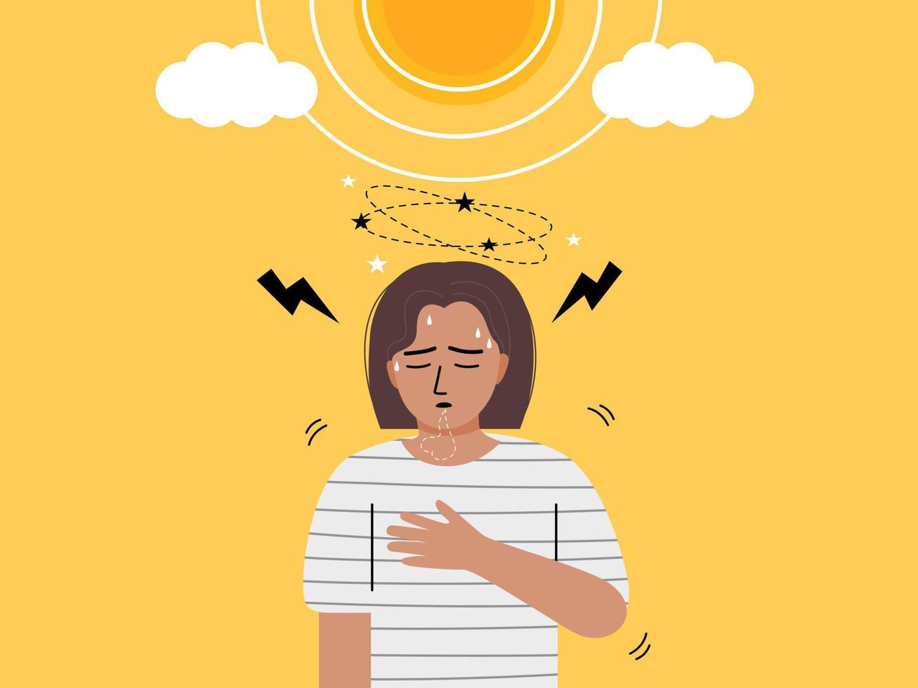 en kvinna stående under Sol ljus på varm väder och har huvudvärk, andfådd, yr och bröst smärta. solsting begrepp. platt vektor illustration.