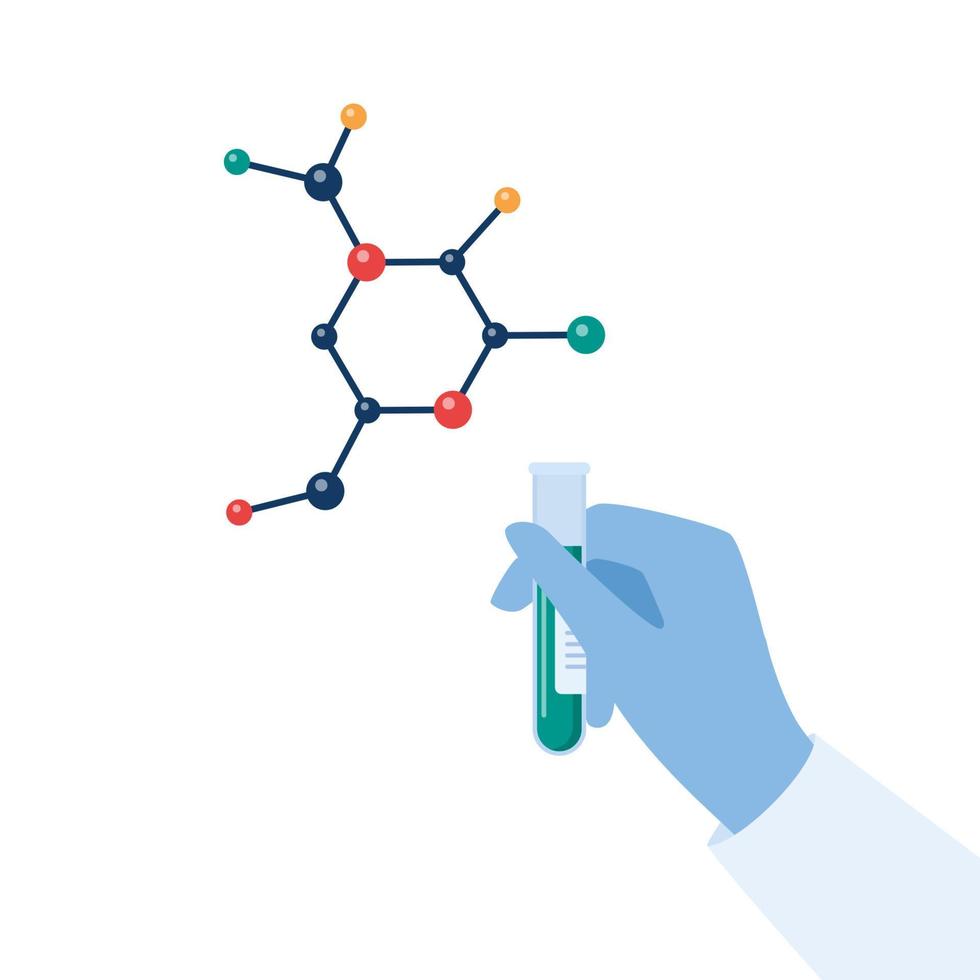 chemisch Forscher Hand im ein Gummi Handschuh halten Prüfung Tube mit etwas Substanz. Molekül von organisch Substanz. Labor Forschung. Vektor Illustration.