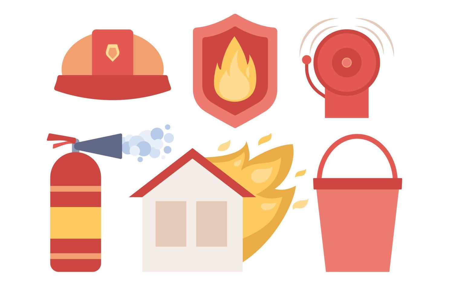 Feuer Kampf Ausrüstung Satz. Feuer Schutz Symbole. Feuer Sicherheit Einrichtungen. Löschen System, Flamme, Alarm, brennbar Konzept. Vektor eben Illustration