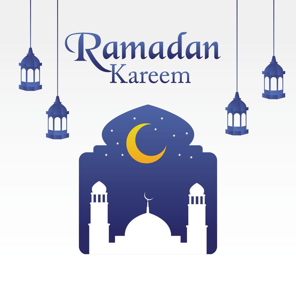 Ramadan kareen Vektor Poster eben Kunst mit Moschee Untergang und hängend Laterne im Hintergrund Halbmond Mond sternenklar Himmel Nacht Design isoliert kostenlos editierbar zum Inhalt Material Anlagegut