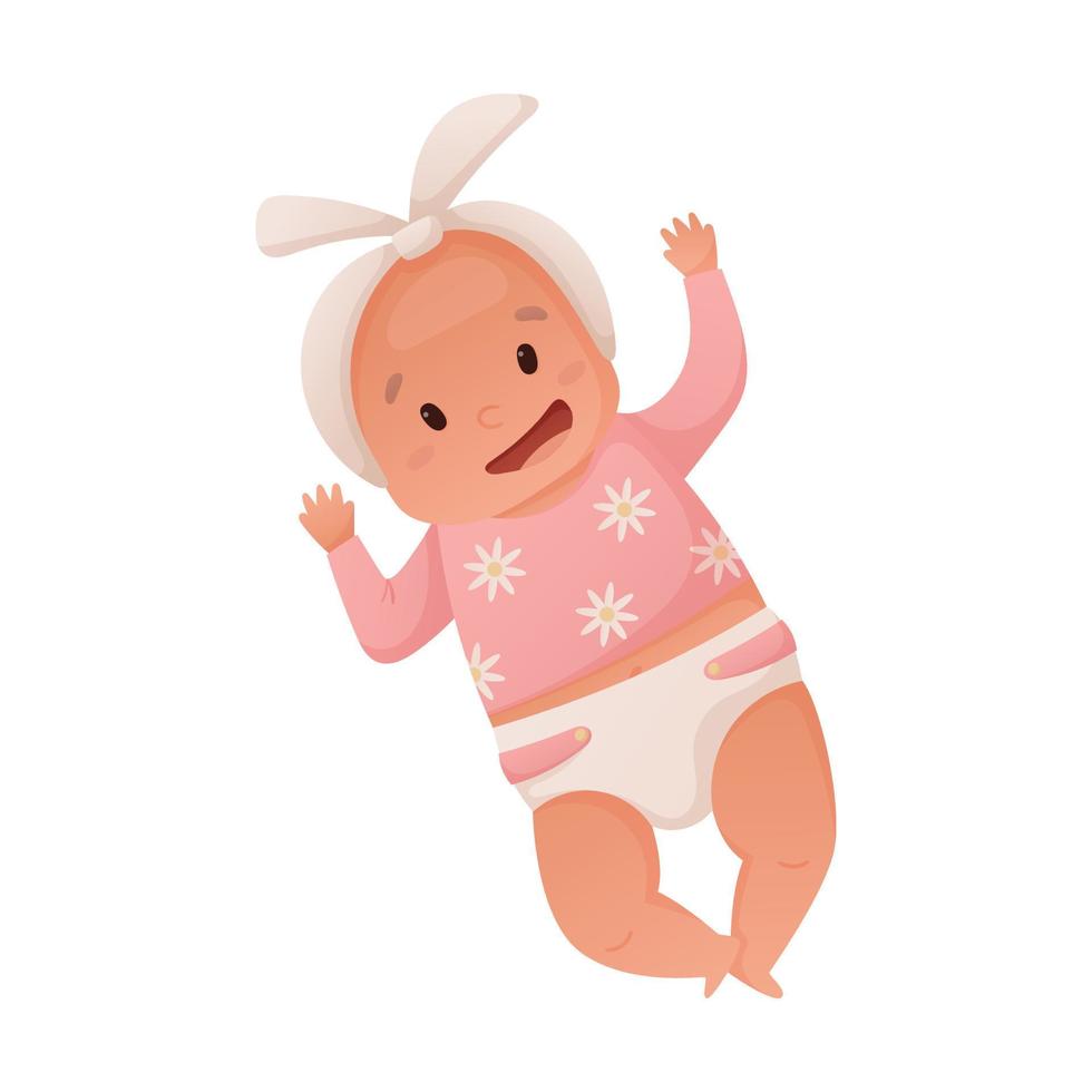 Vektor Illustration von ein Lügen Neugeborene im ein Windel. süß wenig Baby Mädchen lächelnd.