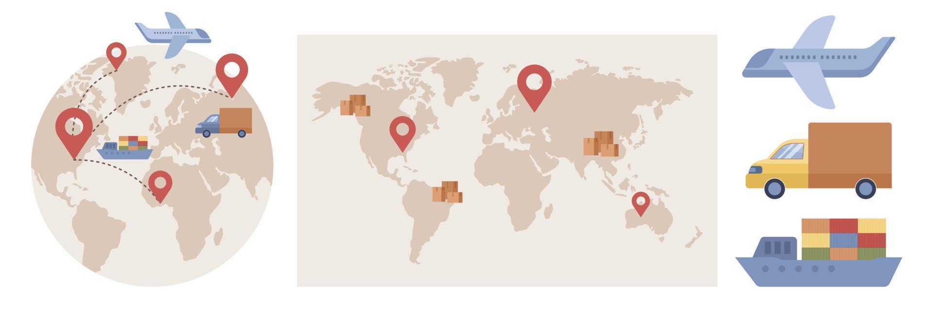 global Logistik Netzwerk Satz. Export, importieren, Warenhaus Geschäft, Transport. Luft Fracht, Ozean Versand, Container Schiff auf Welt Karte. Geschäft Logistik. Vektor eben Illustration