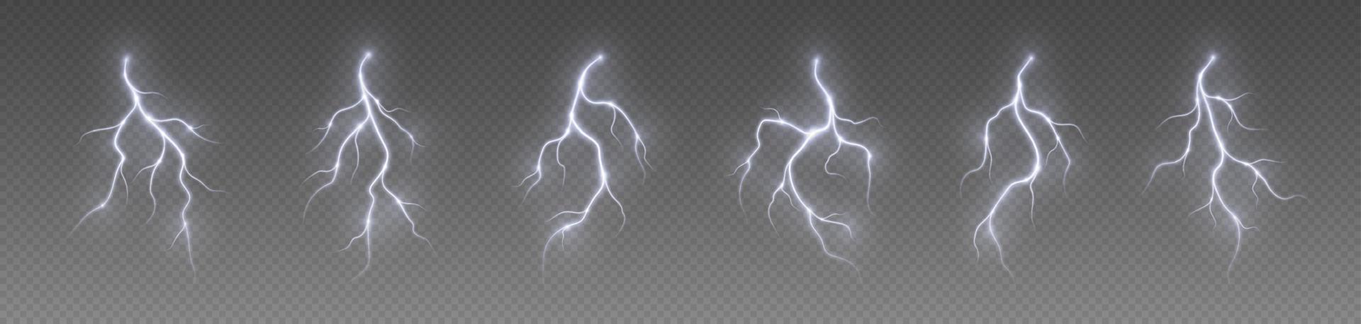 Gewitter Blitz, Blitz schlagen, realistisch elektrisch Reißverschluss, Energie Blitz Licht Wirkung, Weiß Blitz Bolzen vektor