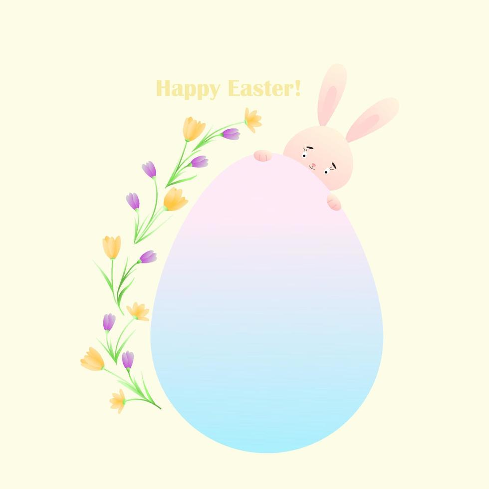 ein Hase versteckt sich hinter ein Ostern Gradient Ei. Frühling Blumen, Krokusse. glücklich Ostern Beschriftung. Vektor Illustration