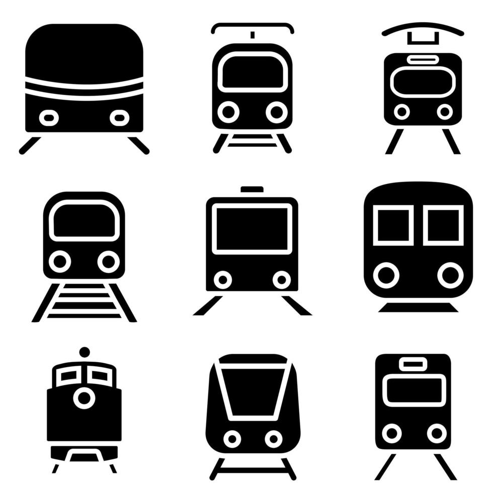 tåg vektor ikon uppsättning. järnväg illustration tecken samling. spårvagn symbol. offentlig transport logotyp.