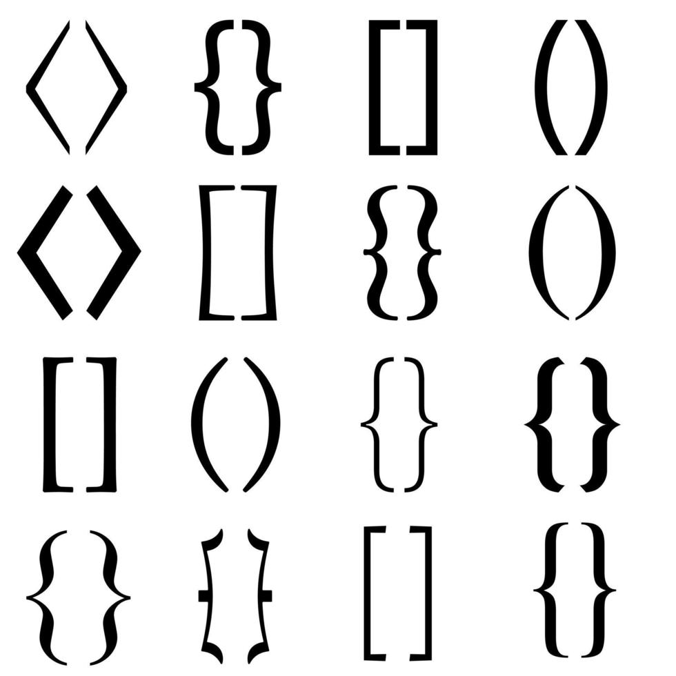 text konsoler vektor ikon uppsättning. lockigt tandställning illustration tecken samling. fyrkant och hörn parentes symbol.