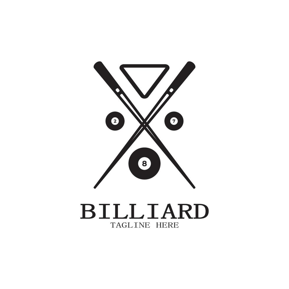 einfach Billard Logo Vorlage Illustration mit Billard- Bälle und Stöcke, Gestaltung zum Billard Stand, Billard Geschäft, Rechnungen Wettbewerb, mobil Billard Spiel, App, Abzeichen, Billard Sport, Vektor