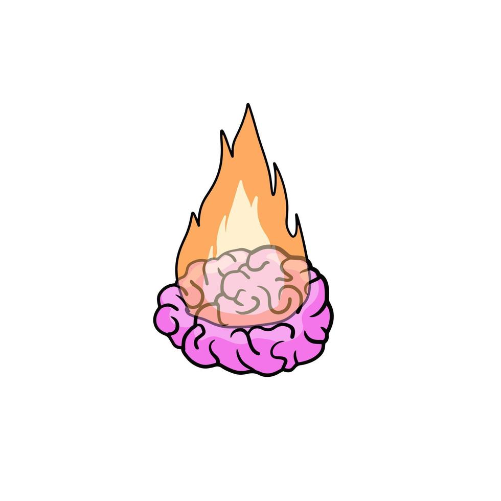 Gehirn auf Feuer. Konzept von Ausbrennen beim arbeiten, ermüden und betonen. emotional Probleme. Flamme und Verbrennung. Hand gezeichnet Karikatur Illustration vektor