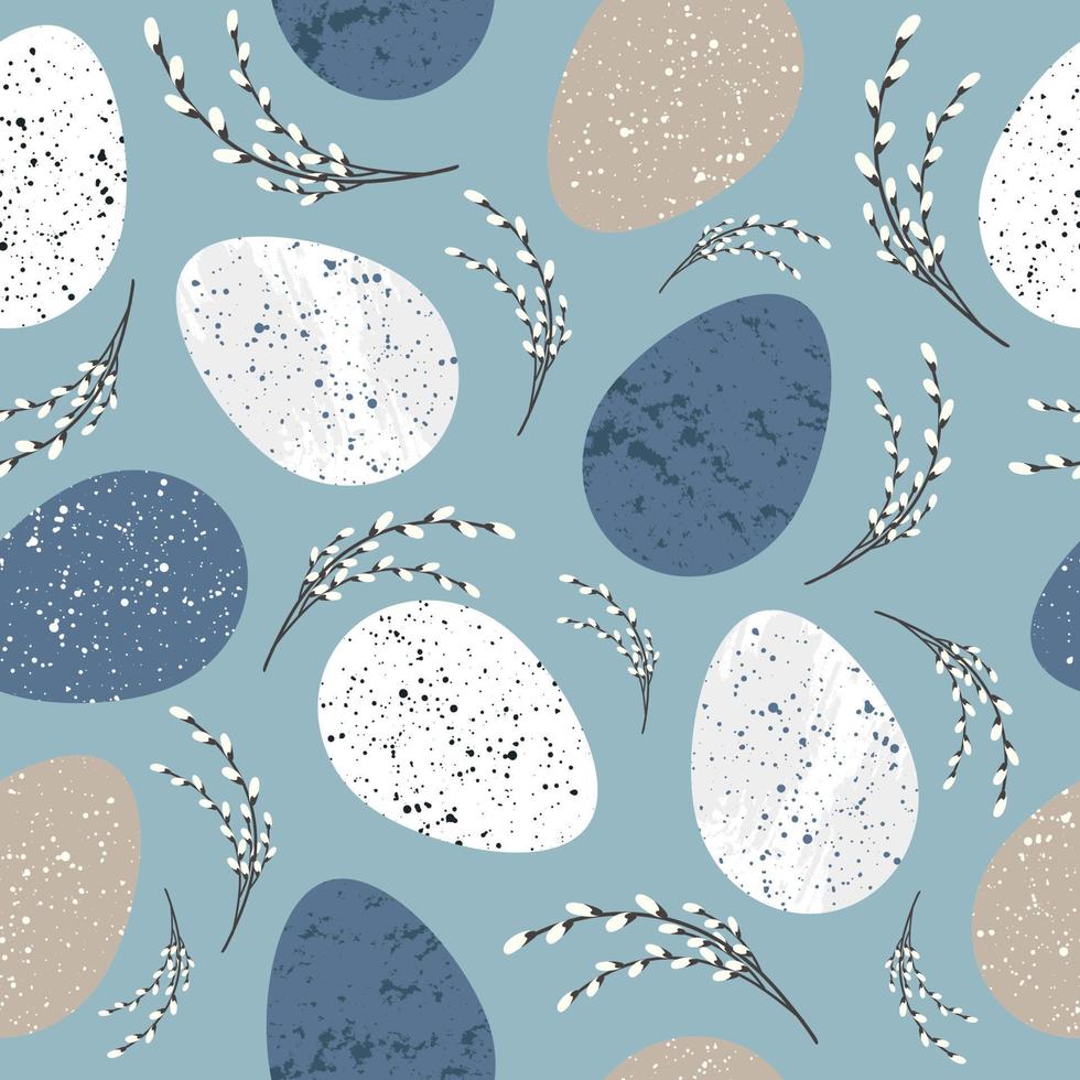 nahtlos Muster mit Ostern Eier und Weide Zweige. heilig Ostern. Feier Hintergrund im Blau Farben. Vektor