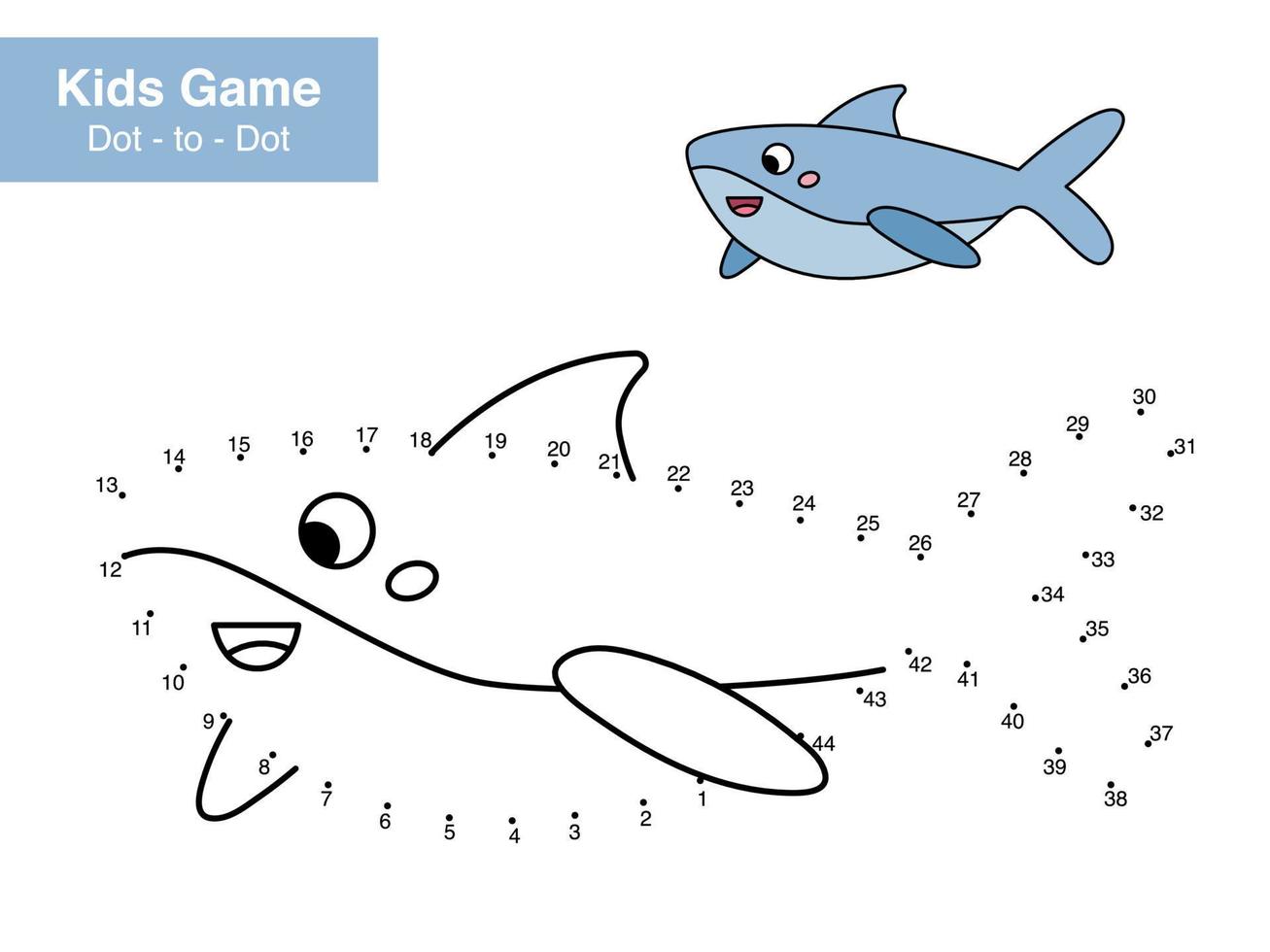 punkt till punkt pedagogisk spel för barn. söt tecknad serie haj. hav djur. tal spel. tryckbar kalkylblad för ungar. ansluta de prickar och Färg. vektor illustration