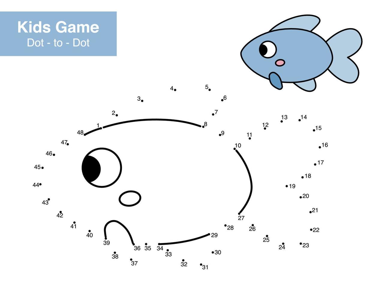 punkt till punkt pedagogisk spel för ungar. söt tecknad serie fisk. undervattenskablar tema. tal spel. tryckbar aktivitet sida för barn. ansluta de prickar och Färg. vektor illustration