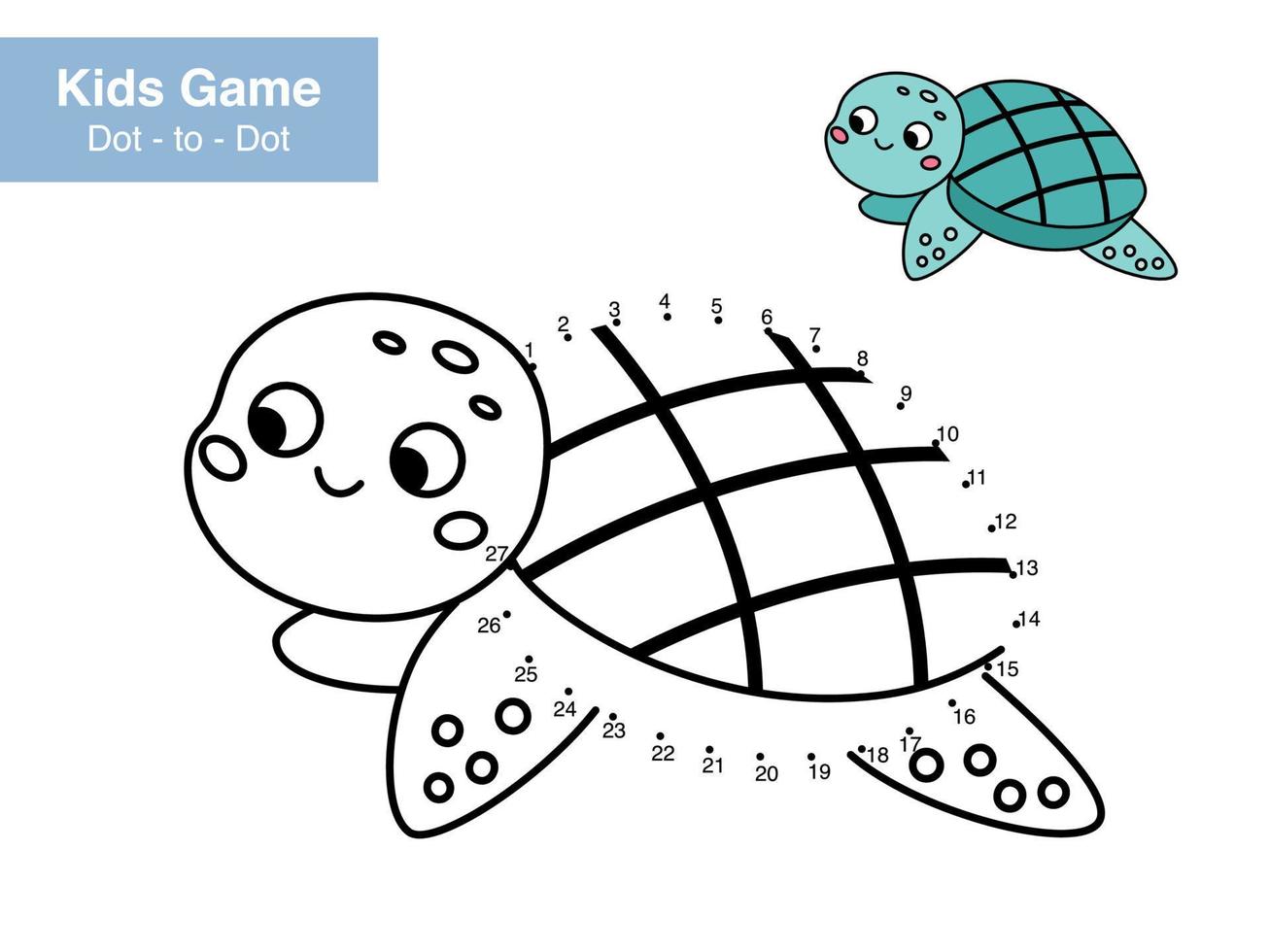 siffra spel. punkt till punkt. söt sköldpadda. tecknad serie hav djur. pedagogisk pussel. tryckbar aktivitet sida för ungar. ansluta de prickar och Färg. vektor illustration