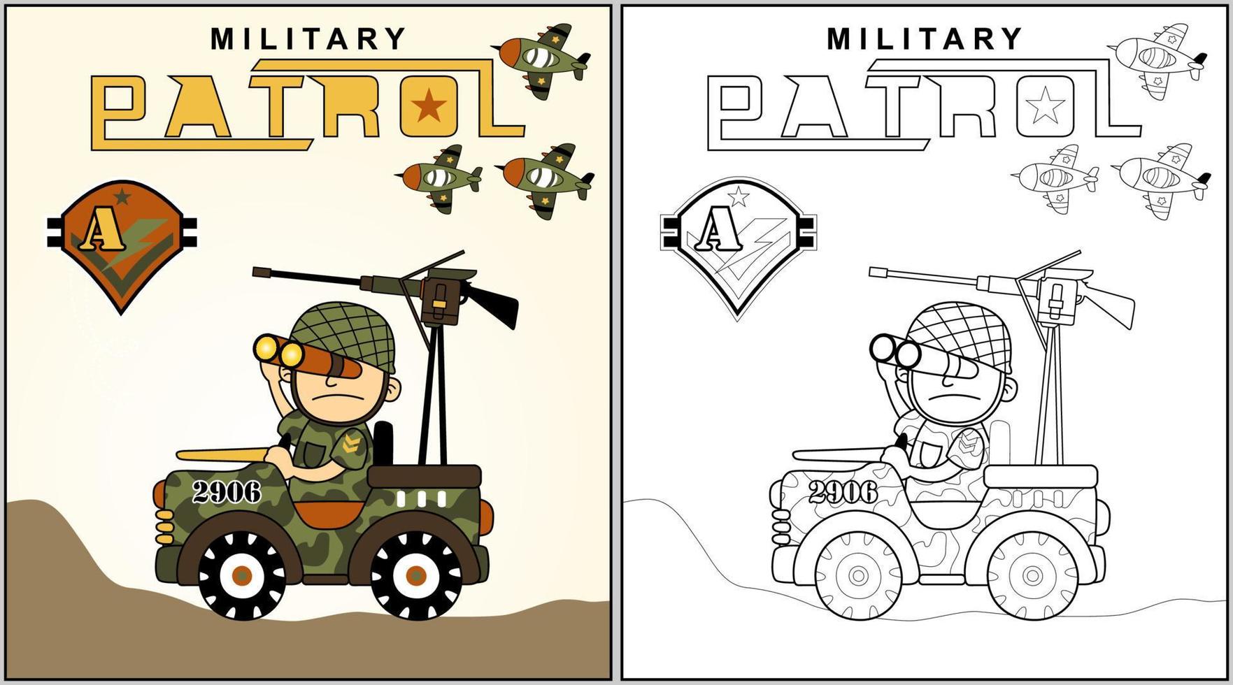 en soldat körning armerad fordon med kämpe jet, vektor tecknad serie illustration, färg bok eller sida