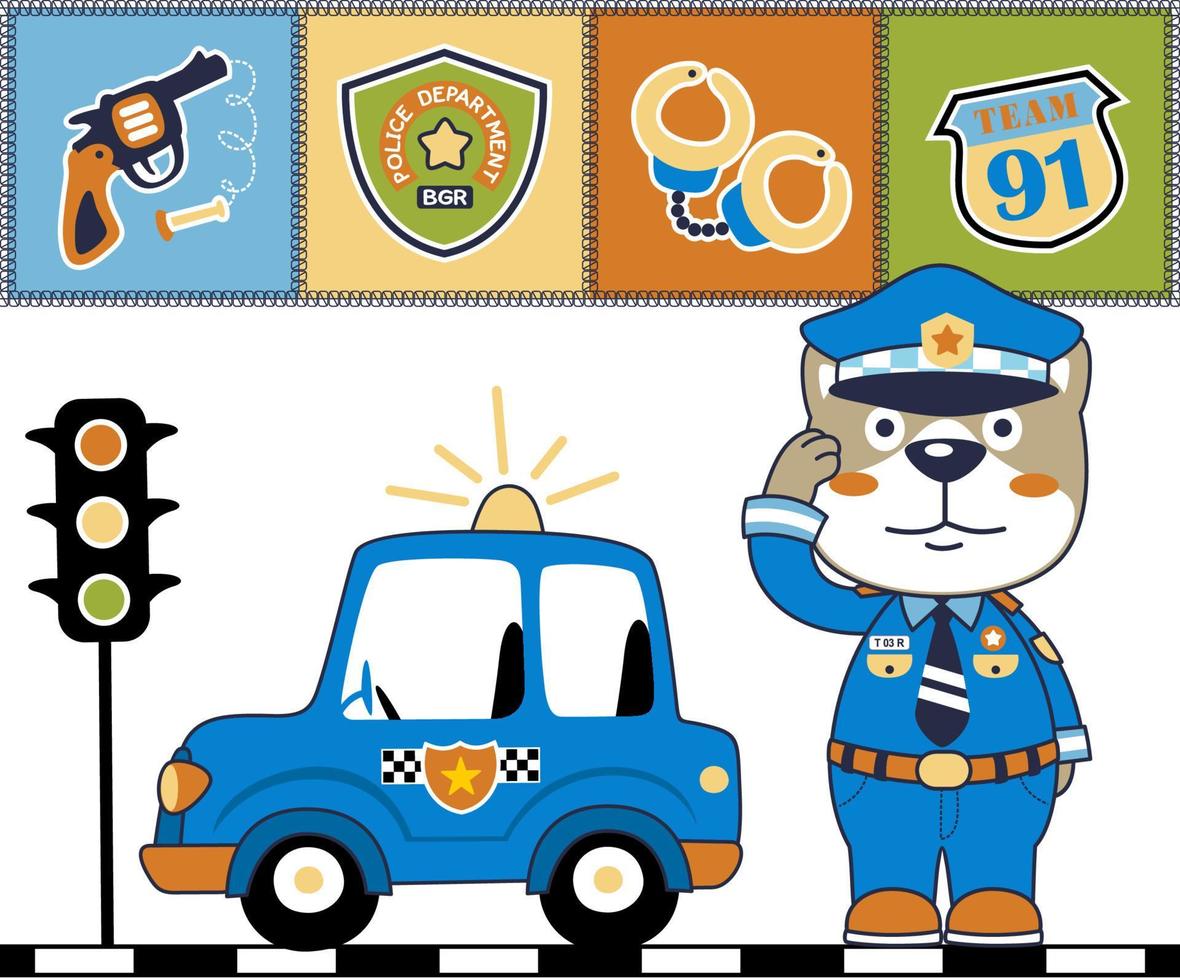 komisch Katze im Polizist Uniform mit Polizei Element, Karikatur Vektor Illustration