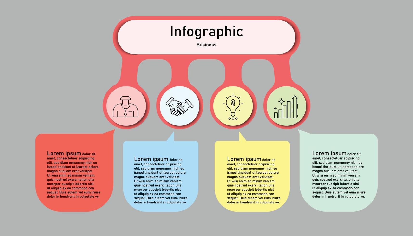 Infografik Vorlage Schritt leiten zum Geschäft Information Präsentation. Vektor Rede Platz Rahmen und Symbole Elemente. modern Arbeitsablauf Diagramme. Bericht planen 4 Themen