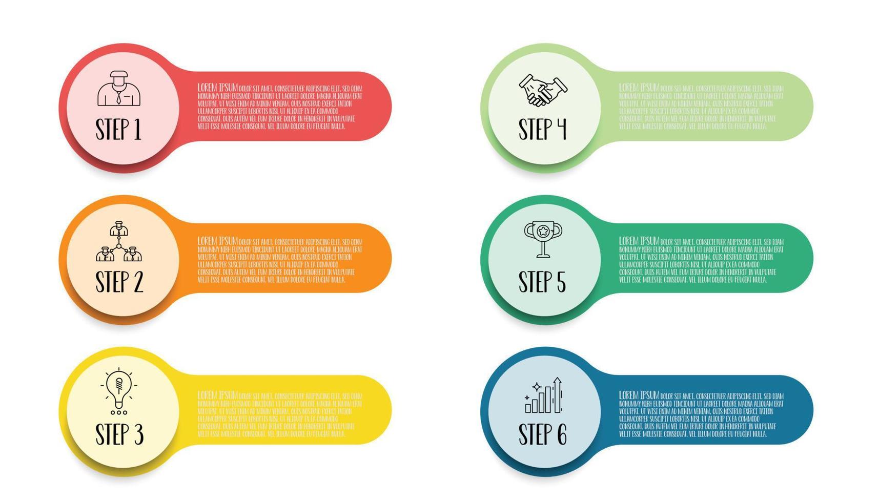 Infografik Vorlage Schritt leiten zum Geschäft Information Präsentation. Vektor Geometrie und Symbole Elemente. modern hell Farben Arbeitsablauf Diagramme. Bericht planen 6 Themen