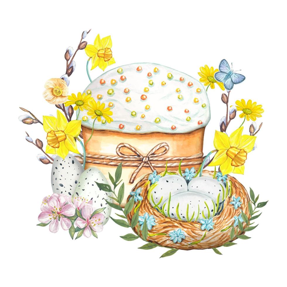 Ostern Vektor Komposition mit Ostern Kuchen, Eier, Blumen. Aquarell