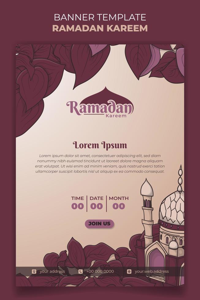 Ramadan Banner Vorlage mit lila Blätter und Moschee im Hand gezeichnet Design vektor