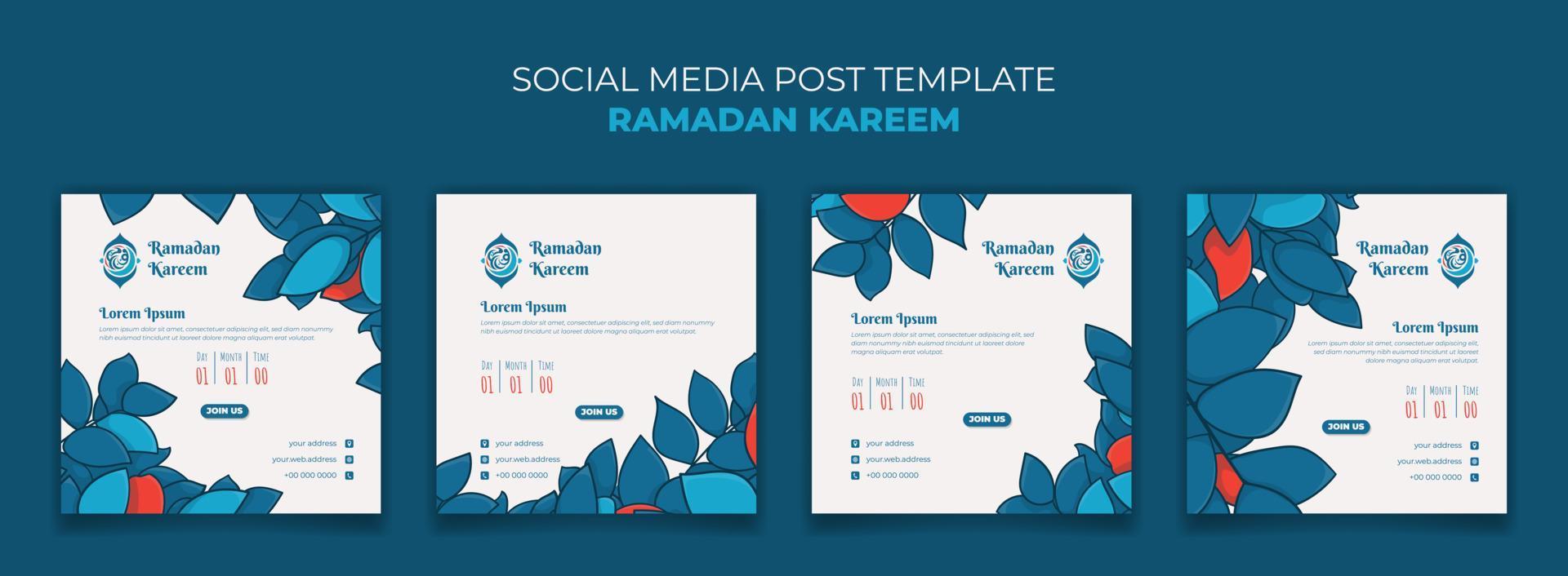 uppsättning av social media posta mall för ramadan kareem design med blå röd löv bakgrund vektor