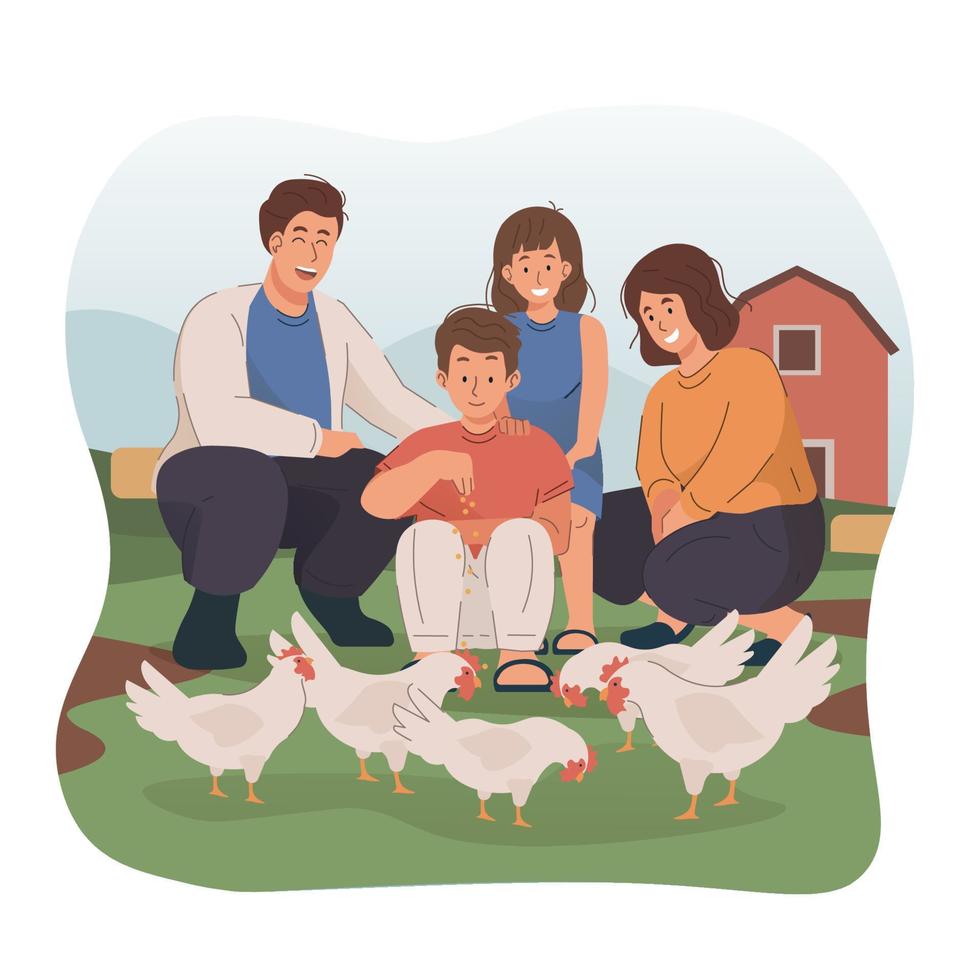 Eltern und ihr Kinder Fütterung Hühner im das Bauernhof vektor