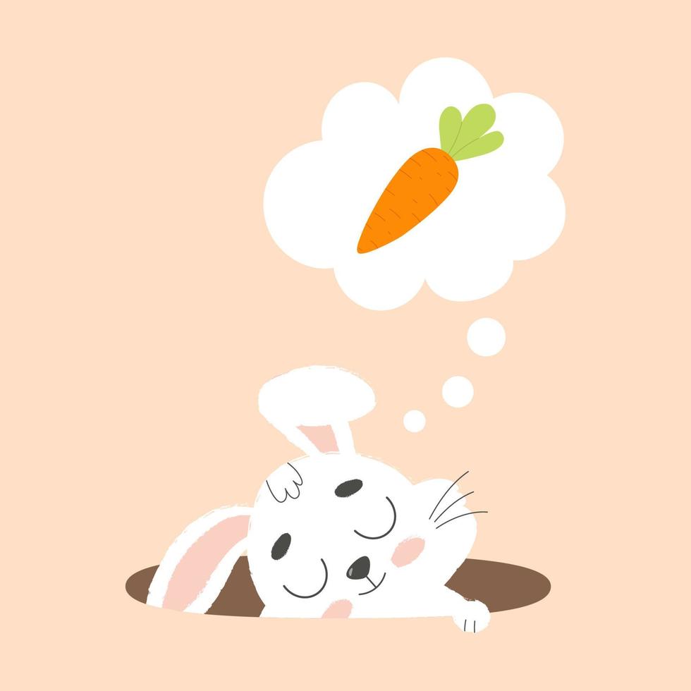 söt vit påsk kanin sover i hål. tecknad serie vektor illustration.