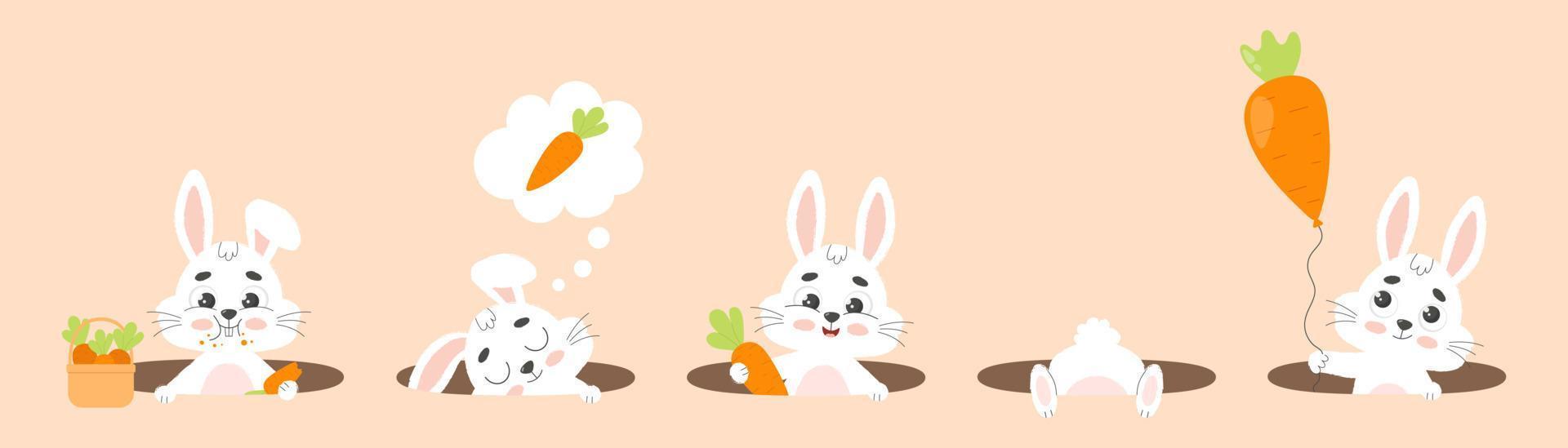 einstellen süß Weiß komisch Kaninchen mit Möhren im Loch. Hase Charakter. Karikatur Vektor Illustration.