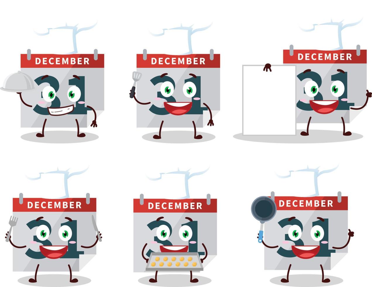 tecknad serie karaktär av december 31: e kalender med olika kock uttryckssymboler vektor