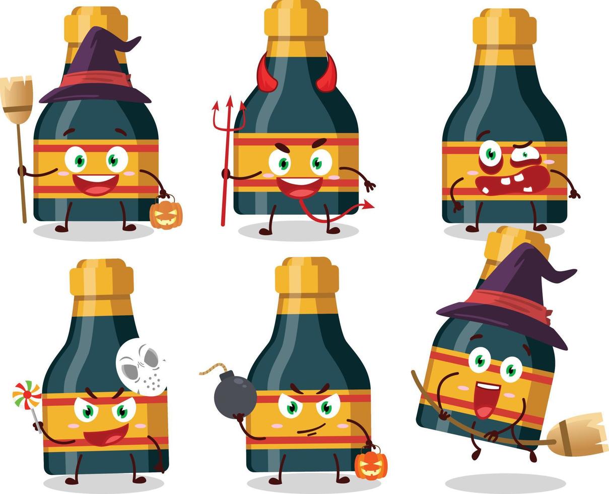 Halloween Ausdruck Emoticons mit Karikatur Charakter von Wein Flasche vektor