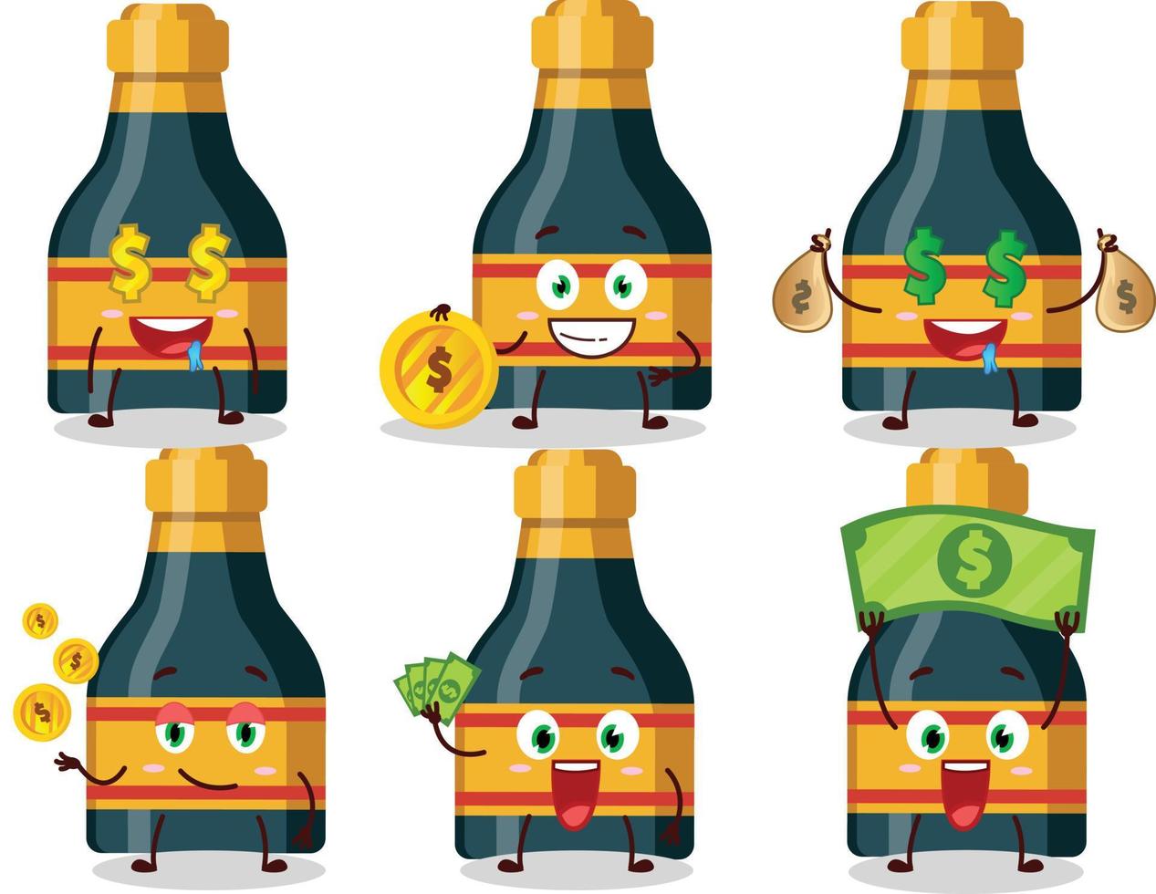 Wein Flasche Karikatur Charakter mit süß Emoticon bringen Geld vektor