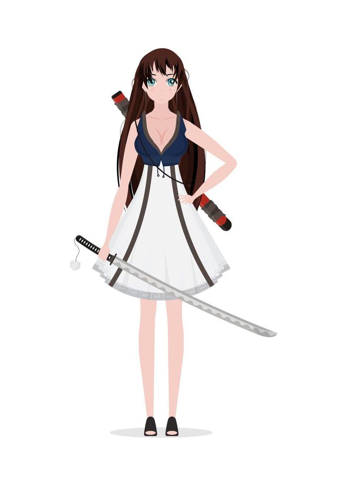 Mädchen mit ein Katana im ein Blau und Kleid. Anime Samurai Frau. isoliert. Karikatur Stil, Vektor Illustration.