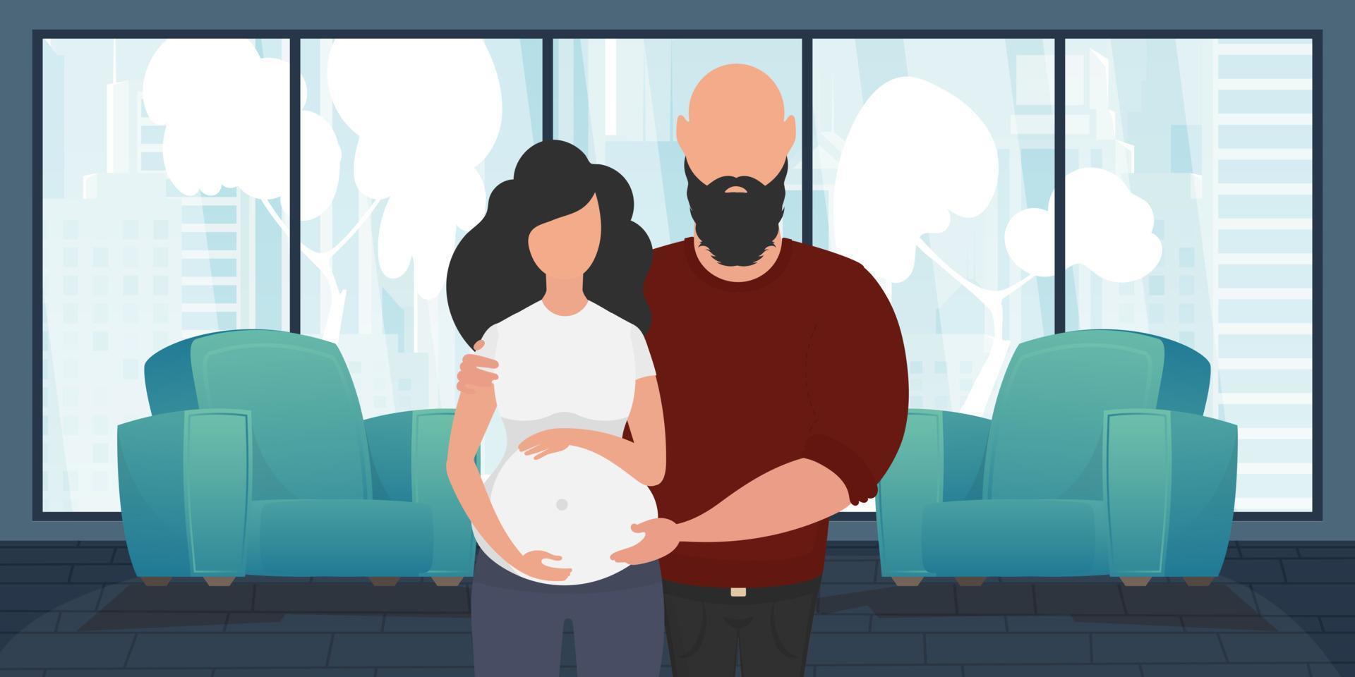 man och gravid kvinna. affisch på de tema ung familj är väntar för de födelse av en barn. Lycklig graviditet. söt illustration i platt stil. vektor