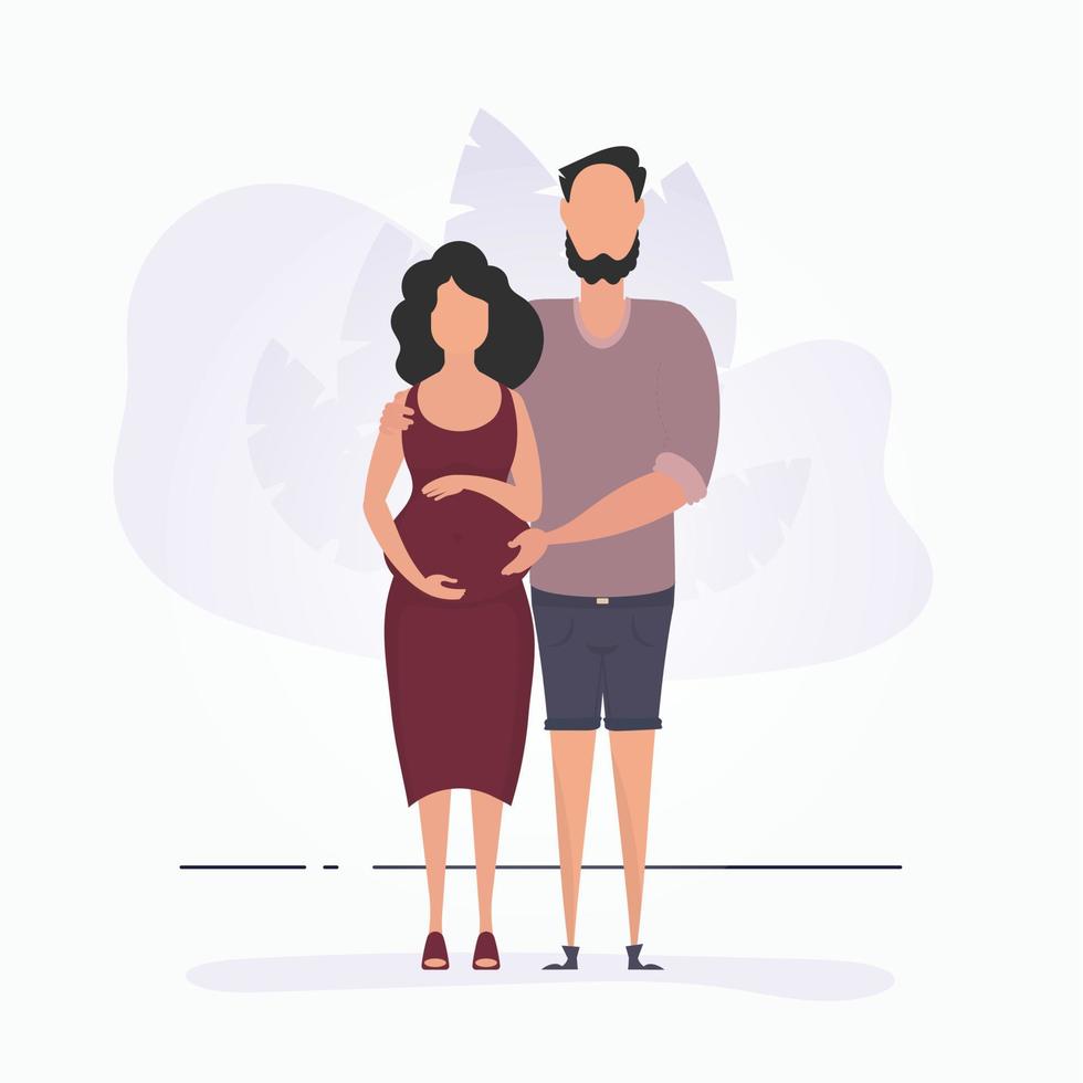 en man kramar en gravid kvinna. en affisch på de tema av en barnets ånga jet. positiv och medveten graviditet. vektor i tecknad serie stil.