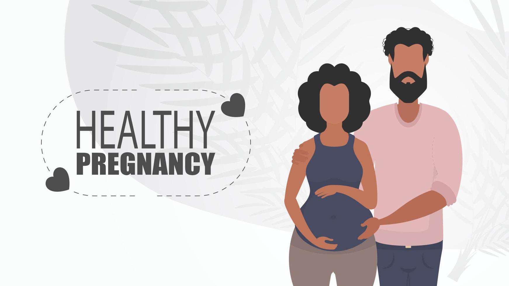 friska graviditet. en man kramar en gravid kvinna. par jet bebis. Lycklig graviditet. analys illustration i platt stil. vektor