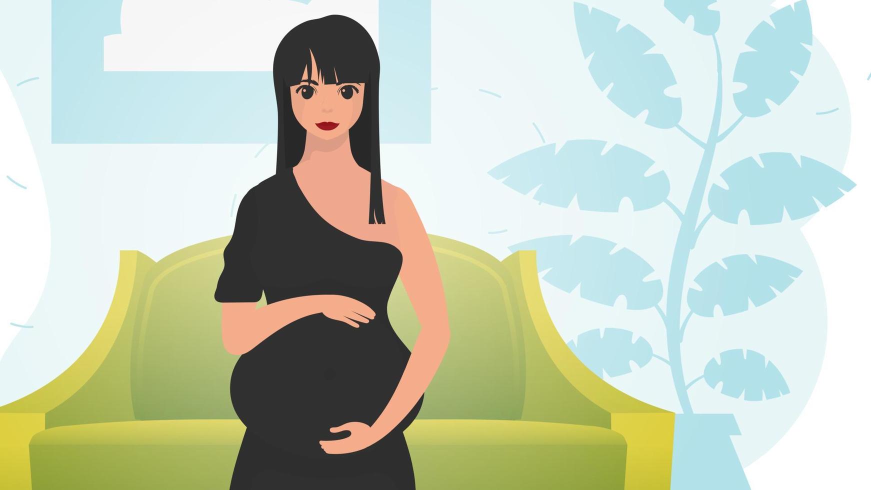 ein schwanger Frau hält ihr Bauch mit ihr Hände. ein jung Mutter ist warten zum ein neugeboren. sanft Farben. Vektor. vektor