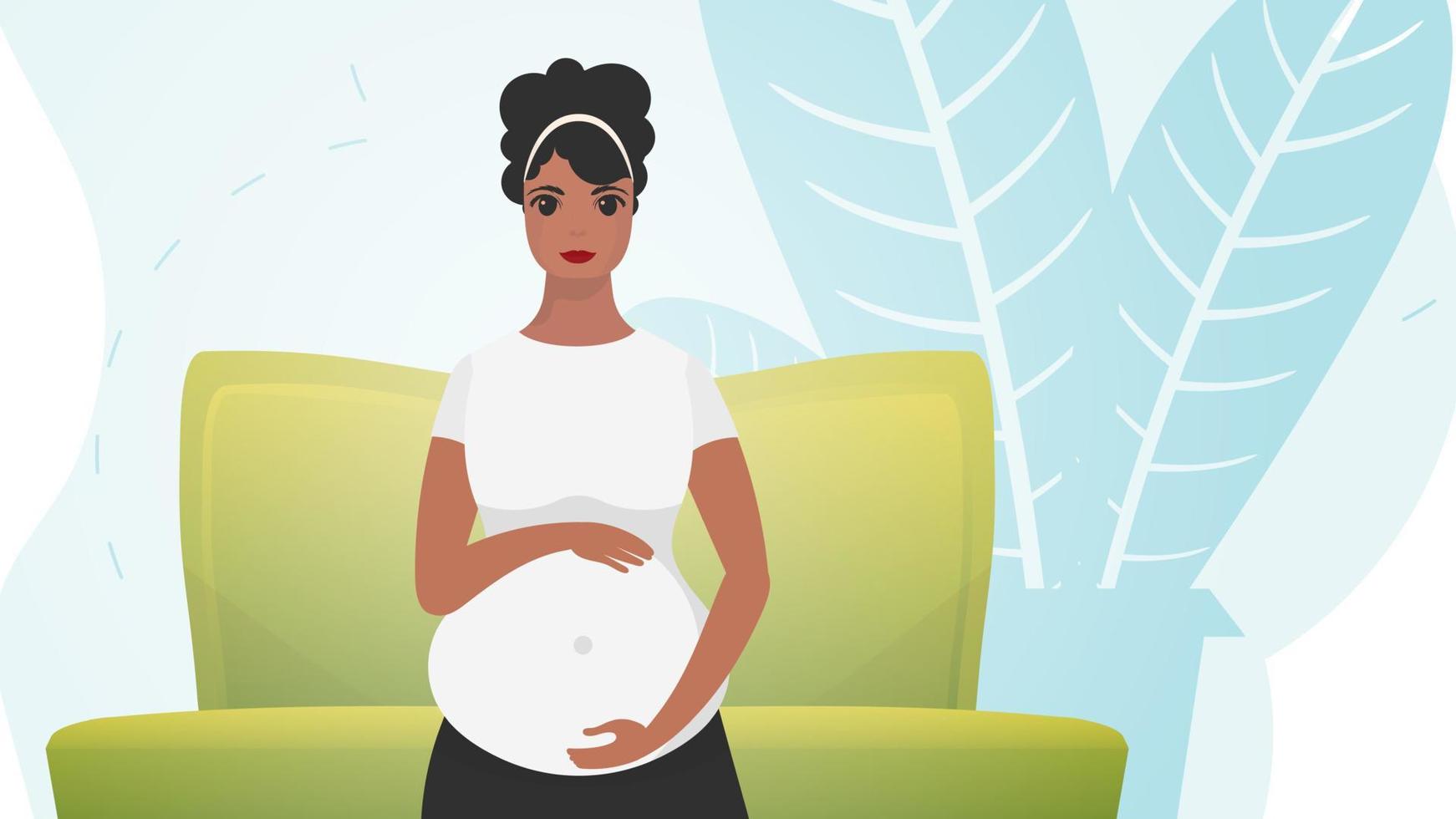 en gravid kvinna är innehav henne mage. en ung mor är väntar för en nyfödd. vektor illustration.