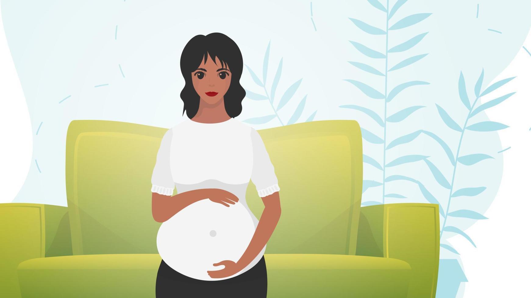 en gravid kvinna är innehav henne mage. en ung mor är väntar för en nyfödd. tecknad serie stil. vektor