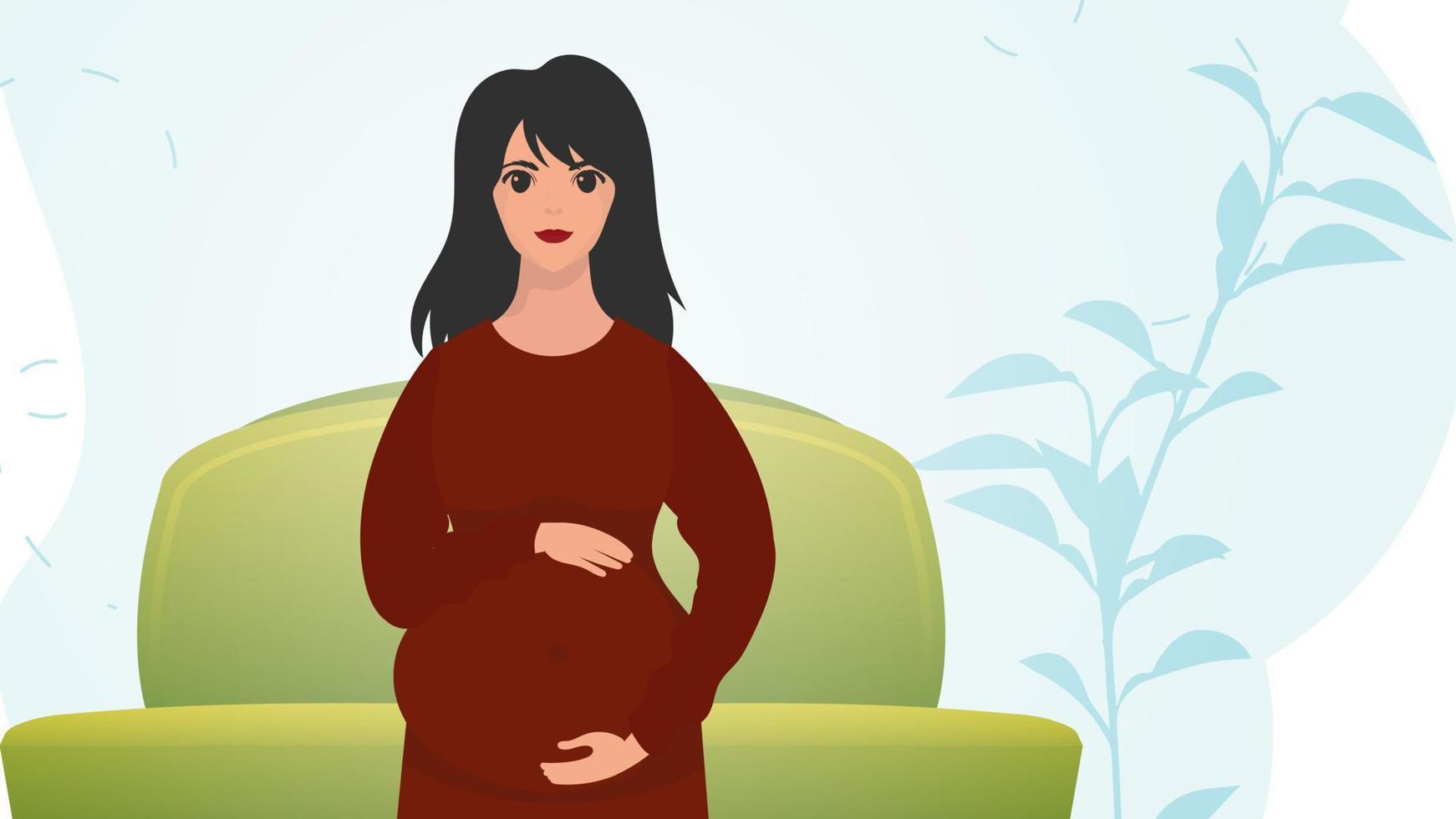 ein schwanger Frau ist halten ihr Magen. ein schön schwanger Frau ist Stehen im Vorderseite. Karikatur Stil. vektor