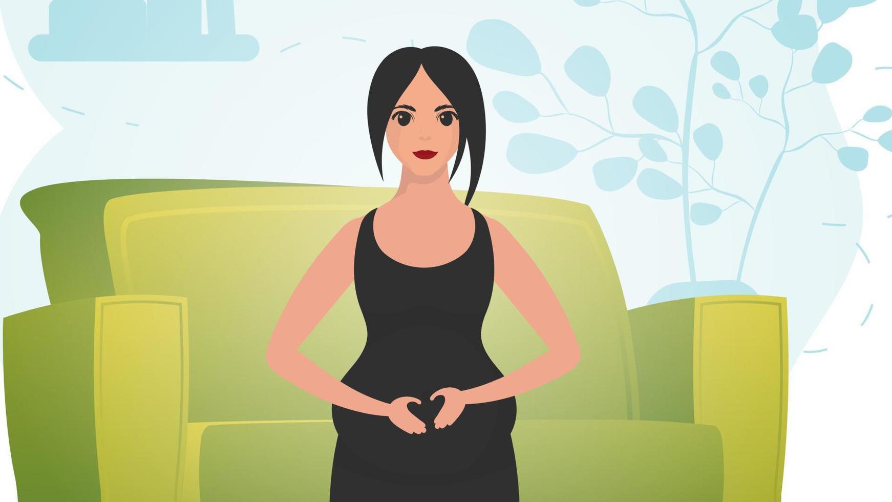 ein schwanger Frau hält ihr Bauch mit ihr Hände. natürlich Hintergrund mit Zimmer. Vektor Illustration.