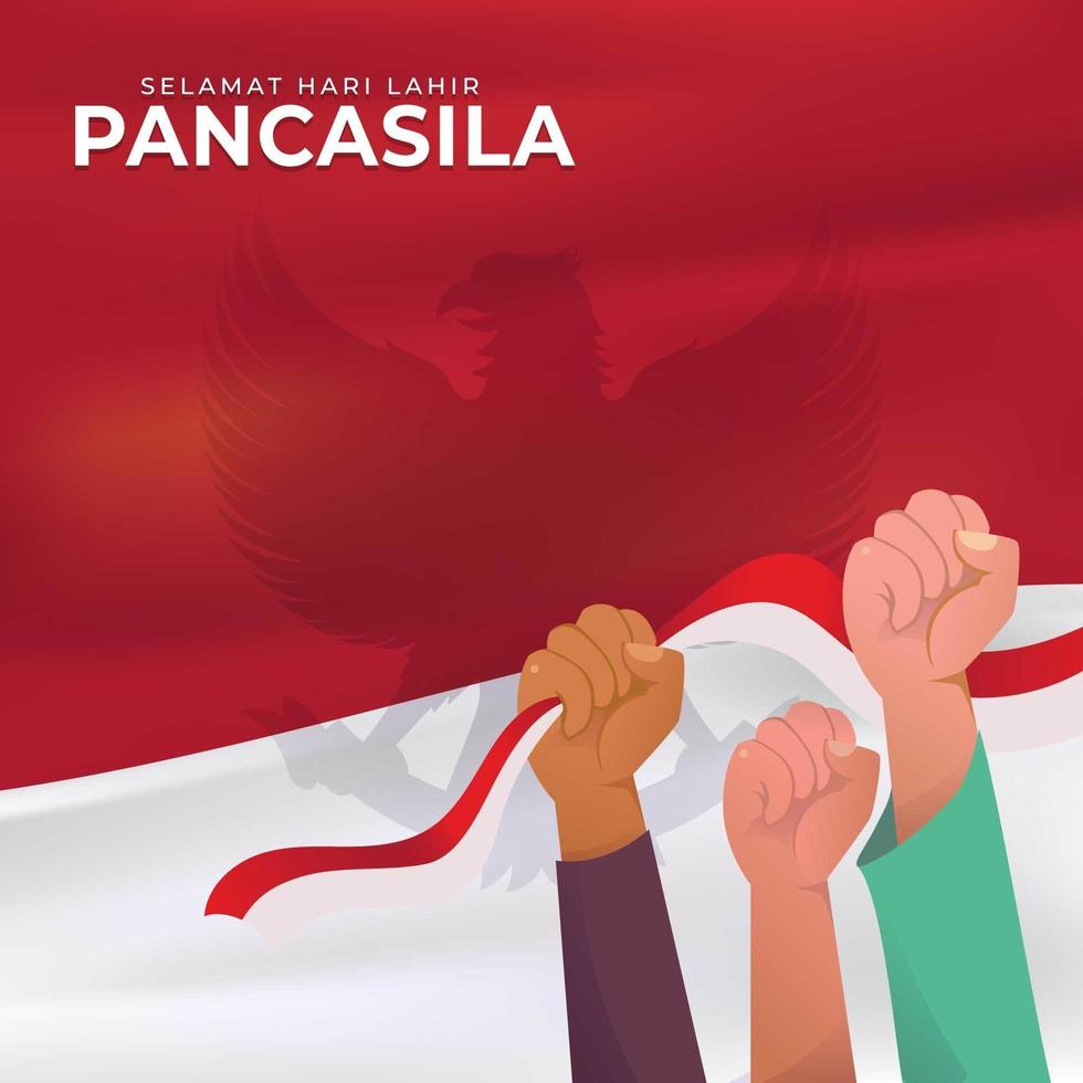 Pancasila-Tag mit der Hand, die indonesische Flagge hält vektor