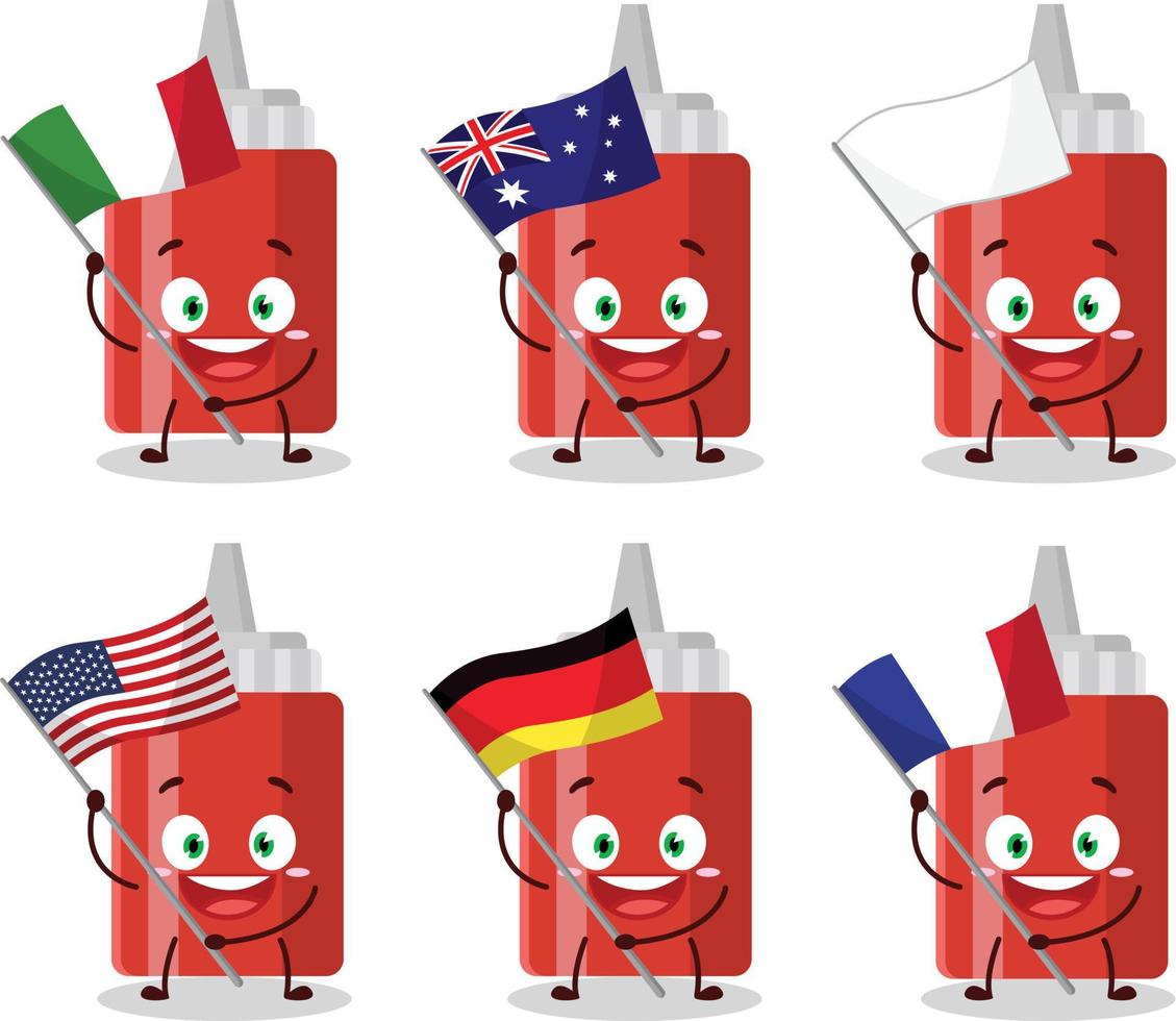 Soße Flasche Karikatur Charakter bringen das Flaggen von verschiedene Länder vektor