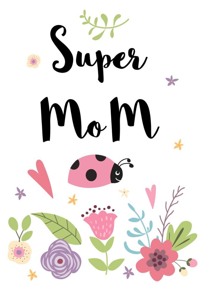 vektor mödrar dag kort eller födelsedag baner i rosa färger text super mamma söt hand dragen design i barnslig stil typografi bakgrund äng blommor nyckelpiga på vit.