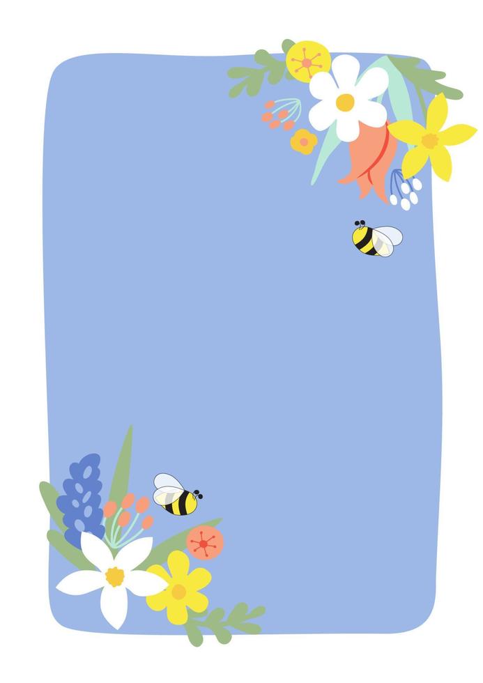 Blumen- Frühling Poster, Hintergrund, rahmen, Abdeckungen, Karten. Frühling Blumen, Honig Bienen, Blätter, Hand gezeichnet Blumen- Blumensträuße, Blume Kompositionen. Mütter Tag Karte Vektor Illustration Sommer- rahmen.