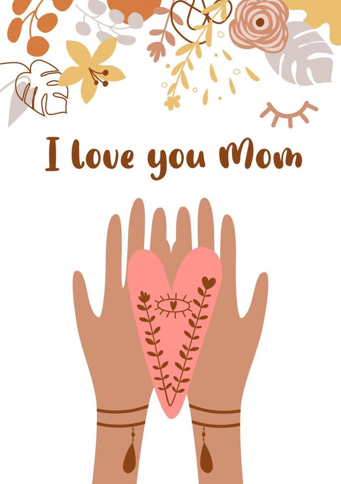 Mütter Tag Karte. Liebe Sie Mama. Boho Hände halt Herz. Boho Mütter Tag Banner. Hände mit Herz Form. Blumen- Bohemien Pastell- Illustration. glücklich Mütter Tag Poster. Vektor süß Hand gezeichnet Konzept.
