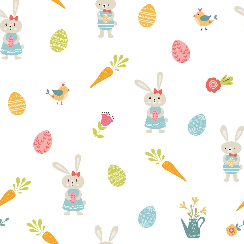 Ostern Hintergrund. nahtlos Ester Muster mit Ostern Eier, Hase Kaninchen, Karotte, Vögel Blumen. süß einfach Frühling Design auf Weiß. Hand gezeichnet wiederholen Vorlage. Ostern Textur. Vektor Illustration